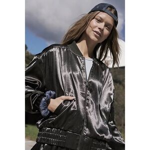 New Free People Movement Relay Zip-Up Olive Satin Bomber Jacket Size M